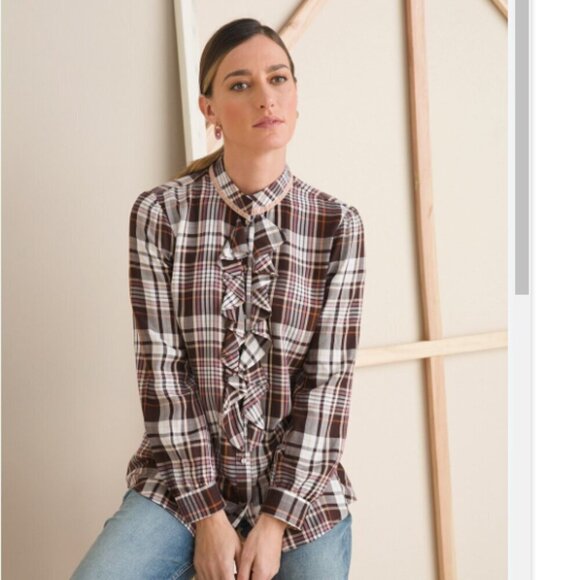 Chico's Ruffle Front Plaid Button Down Top Velvet Trim - Picture 1 of 8